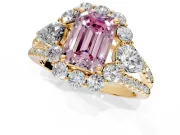 Halo Engagement Ring Setting for Fancy Pink Emerald Cut Center with Two-Strand Split Shank and Prong Head in Yellow Gold