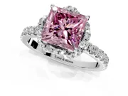 Halo Engagement Ring Setting for Fancy Pink Princess Cut Center with Openwork Halo, Pave Band and Prong Head in White Gold