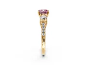 3 Stone Engagement Ring Setting for Fancy Pink Cushion Cut Center with Crossover Basket, Pave Band and Prong Head in Yellow Gold