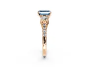 3 Stone Engagement Ring Setting for Fancy Blue Asscher Cut Center with Crossover Basket, Pave Band and Prong Head in Rose Gold