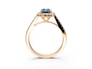 Halo Engagement Ring Setting for Fancy Blue Emerald Cut Center with Raised Halo, Pave Band and Prong Head in Rose Gold