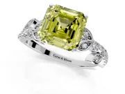 Leaf Motif Engagement Ring Setting for Fancy Yellow Asscher Cut Center with Pave Band and Prong Head in Platinum