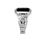 3 Stone Engagement Ring Setting for Fancy Black Emerald Cut Center with Crossover Basket, Pave Band and Prong Head in Platinum