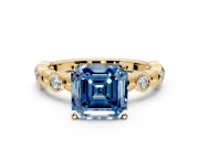Solitaire Engagement Ring Setting for Fancy Blue Asscher Cut Center with Beaded Bezel Station Band and Prong Head in Yellow Gold