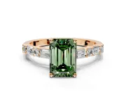 Baguette Engagement Ring Setting for Fancy Green Emerald Cut Center with Alternating Bar-Set Band and Prong Head in Rose Gold