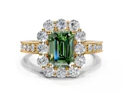 Halo Engagement Ring Setting for Fancy Green Emerald Cut Center with Milgrain Channel Band and Prong Head in Yellow Gold
