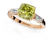 3 Stone Engagement Ring Setting for Fancy Yellow Cushion Cut Center with Baguette Accents and Prong Head in Rose Gold