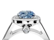 Halo Engagement Ring Setting for Fancy Blue Cushion Cut Center with Outer Bezel Rim, Pave Band and Prong Head in White Gold