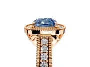 Milgrain Halo Engagement Ring Setting for Fancy Blue Cushion Cut Center with Pave Band and Prong Head in Rose Gold