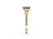 3 Stone Engagement Ring Setting for Emerald Cut Center with Round Cut Side Accents and Prong Head in Yellow Gold