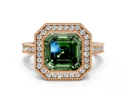 Halo Engagement Ring Setting for Fancy Green Asscher Cut Center with Milgrain Halo, Pave Band and Prong Head in Rose Gold