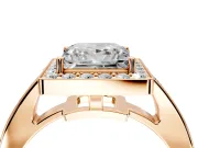 Bezel-Framed Halo Engagement Ring Setting for Princess Cut Center with Pave Band and Prong Head in Rose Gold