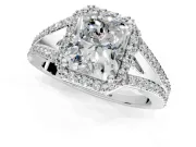Halo Engagement Ring Setting for Radiant Cut Center with Pave Split Shank and Prong Head in White Gold