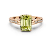 Cathedral Engagement Ring Setting for Fancy Yellow Emerald Cut Center with Antique-Style Pave Band and Prong Head in Rose Gold