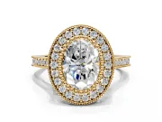 Halo Engagement Ring Setting for Oval Center with Milgrain Frame, Pave Band and Prong Head in Yellow Gold