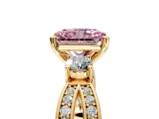 3 Stone Engagement Ring Setting for Fancy Pink Radiant Cut Center with Pave Twist Band and Prong Head in Yellow Gold