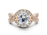Halo Engagement Ring Setting for Cushion Cut Center with Pave Infinity Twist Band and Prong Head in Rose Gold
