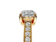 Solitaire Engagement Ring Setting for Cushion Cut Center with Milgrain-Framed Pave Band and Prong Head in Yellow Gold