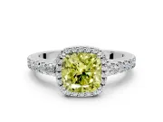 Halo Engagement Ring Setting for Fancy Yellow Cushion Cut Center with Full Pave Band and Prong Head in White Gold