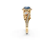 Milgrain Halo Engagement Ring Setting for Fancy Blue Cushion Cut Center with Shoulder Bezels and Prong Head in Yellow Gold