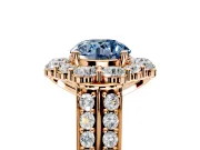 Large Accent Halo Engagement Ring Setting for Fancy Blue Round Cut Center with Pave Split Shank and Prong Head in Rose Gold