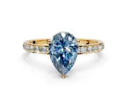 Hidden Halo Engagement Ring Setting for Fancy Blue Pear-Shaped Center with Pave Band and Prong Head in Yellow Gold
