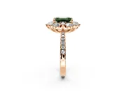 Floral Halo Engagement Ring Setting for Fancy Green Emerald Cut Center with Pave Accents and Prong Head in Rose Gold