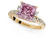 Paired Accent Engagement Ring Setting for Fancy Pink Princess Cut Center with Pave Band and Prong Head in Yellow Gold