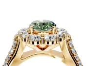 Large Accent Halo Engagement Ring Setting for Fancy Green Oval Center with Pave Split Shank and Prong Head in Yellow Gold