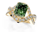 Halo Engagement Ring Setting for Fancy Green Radiant Cut Center with Pave Infinity Twist Band and Prong Head in Yellow Gold