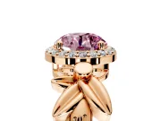 Halo Engagement Ring Setting for Fancy Pink Round Cut Center with Floral Band and Prong Head in Rose Gold