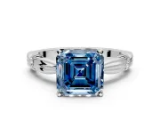Solitaire Engagement Ring Setting for Fancy Blue Asscher Cut Center with Carved Leaf Shoulders and Prong Head in Sterling Silver