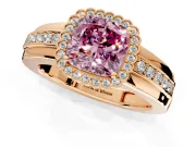 Halo Engagement Ring Setting for Fancy Pink Cushion Cut Center with Wide Band, Inlaid Accent Row and Prong Head in Rose Gold