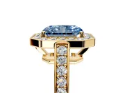 Bezel-Framed Halo Engagement Ring Setting for Fancy Blue Radiant Cut Center with Pave Band and Prong Head in Yellow Gold