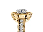 Milgrain Halo Engagement Ring Setting for Round Cut Center with Pave Band and Prong Head in Yellow Gold