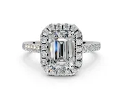 Halo Engagement Ring Setting for Emerald Cut Center with Narrowing Pave Band and Prong Head in Sterling Silver