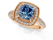 Milgrain Halo Engagement Ring Setting for Fancy Blue Cushion Cut Center with Three-Sided Pave Band and Prong Head in Rose Gold