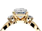 3 Stone Engagement Ring Setting for Radiant Cut Center with Pave Twist Band and Prong Head in Yellow Gold