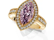 Milgrain Halo Engagement Ring Setting for Fancy Pink Marquise Center with Pave Band and Prong Head in Yellow Gold