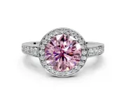 Bezel-Framed Halo Engagement Ring Setting for Fancy Pink Round Cut Center with Pave Band and Prong Head in Sterling Silver