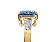 3 Stone Engagement Ring Setting for Fancy Blue Radiant Cut Center with Baguette Accents and Prong Head in Yellow Gold