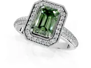 Milgrain Halo Engagement Ring Setting for Fancy Green Emerald Cut Center with Three-Sided Pave Band and Prong Head in Platinum