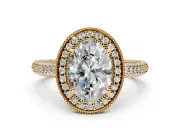 Milgrain Halo Engagement Ring Setting for Oval Center with Three-Sided Pave Band and Prong Head in Yellow Gold