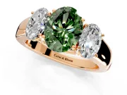 3 Stone Engagement Ring Setting for Fancy Green Oval Center with Raised Basket Heads and Prong Head in Rose Gold