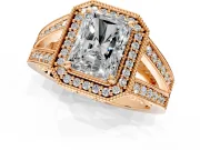 Halo Engagement Ring Setting for Radiant Cut Center with Milgrain Split Shank and Prong Head in Rose Gold