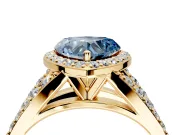Halo Engagement Ring Setting for Fancy Blue Heart-Shaped Center with Narrow Pave Split Shank and Prong Head in Yellow Gold