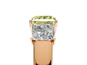 3 Stone Engagement Ring Setting for Fancy Yellow Princess Cut Center with Raised Basket Heads and Prong Head in Rose Gold