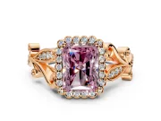 Halo Engagement Ring Setting for Fancy Pink Radiant Cut Center with Leaf Motif Split Shank and Prong Head in Rose Gold