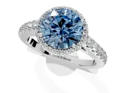 Halo Engagement Ring Setting for Fancy Blue Round Cut Center with Full Pave Band and Prong Head in White Gold