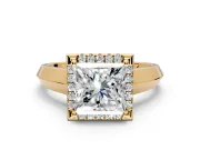 Halo Engagement Ring Setting for Princess Cut Center with Knife Ridge Cathedral Band and Prong Head in Yellow Gold
